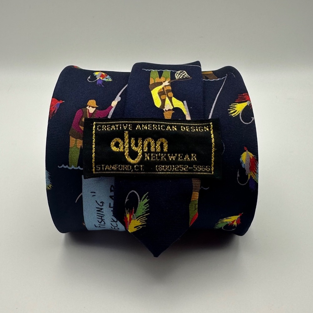 Stream Fly Fishing Lures Alynn Neckwear Silk Tie Navy Blue 3.75" Men Vintage USA
